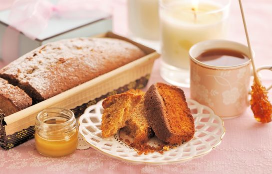 Fruit cake over table cloth