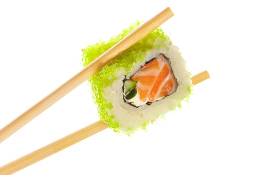 Sushi roll with chopsticks isolated on white background