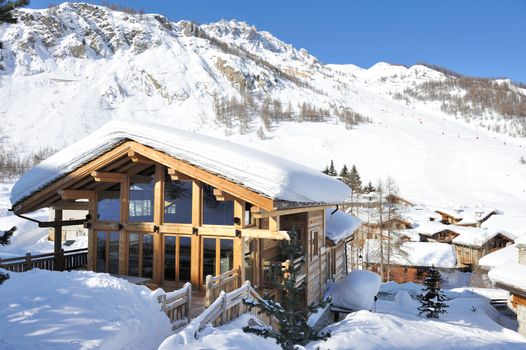 Mountain ski resort with snow in winter, Val-d'Isere, Alps, France
