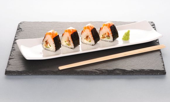 Sushi rolls on a slate plate
