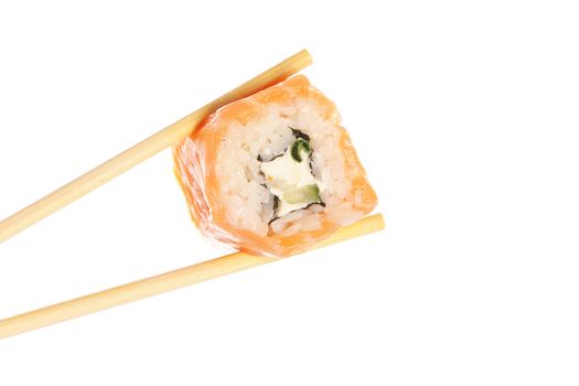Sushi roll with chopsticks isolated on white background