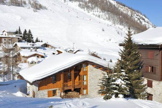 Mountain ski resort with snow in winter, Val-d'Isere, Alps, France