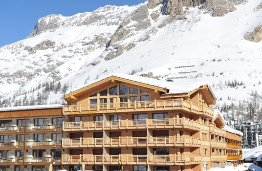 Mountain ski resort with snow in winter, Val-d'Isere, Alps, France