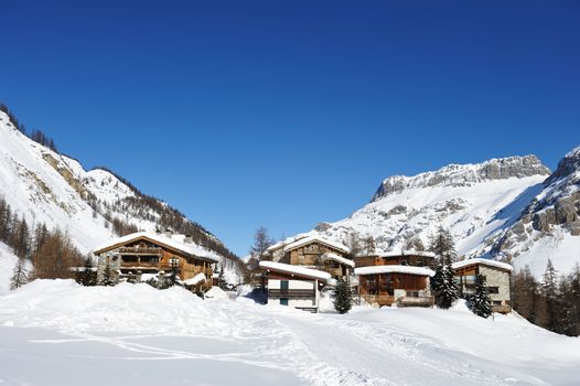Mountain ski resort with snow in winter, Val-d'Isere, Alps, France