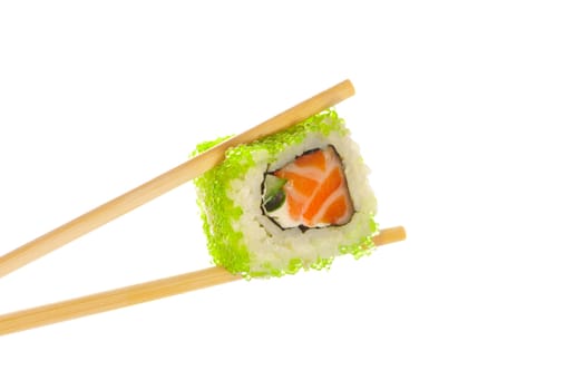 Sushi roll with chopsticks isolated on white background
