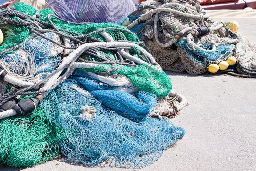 fishnet trawl rope putdoor in summer at harbour fishing