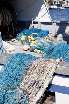 fishnet trawl rope putdoor in summer at harbour fishing
