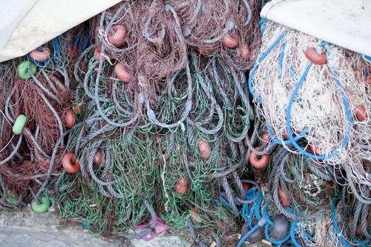 fishnet trawl rope putdoor in summer at harbour fishing