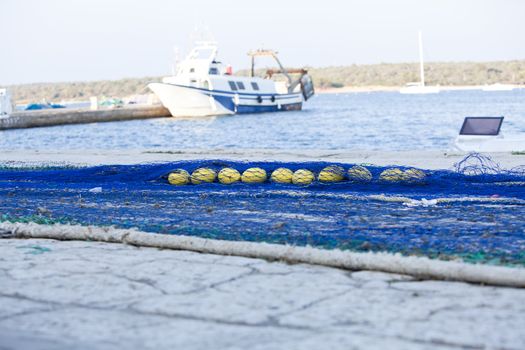 fishnet trawl rope putdoor in summer at harbour fishing