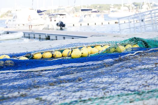 fishnet trawl rope putdoor in summer at harbour fishing