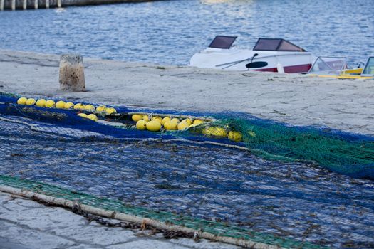 fishnet trawl rope putdoor in summer at harbour fishing