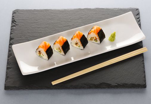 Sushi rolls on a slate plate