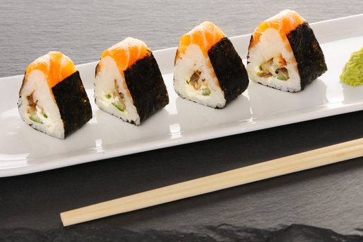 Sushi rolls on a slate plate