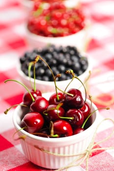 Wild berries in bowls - blueberry, cherry, strawberry