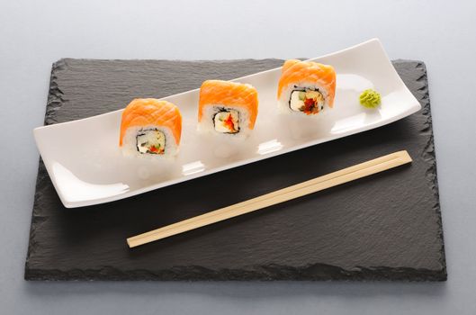 Sushi rolls on a slate plate
