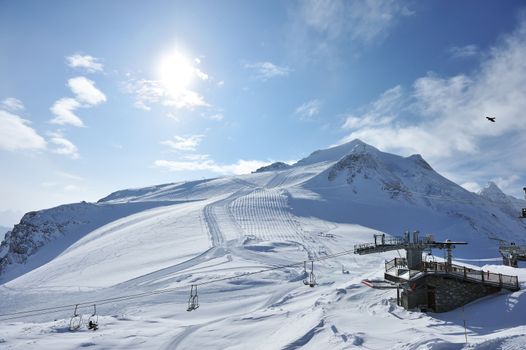 Ski lift station in mountains at winter, Val-d'Isere, Alps, France