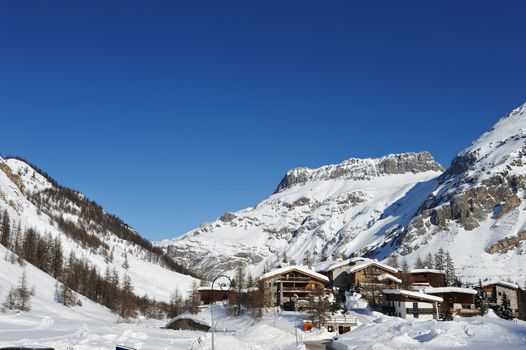 Mountain ski resort with snow in winter, Val-d'Isere, Alps, France