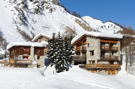 Mountain ski resort with snow in winter, Val-d'Isere, Alps, France