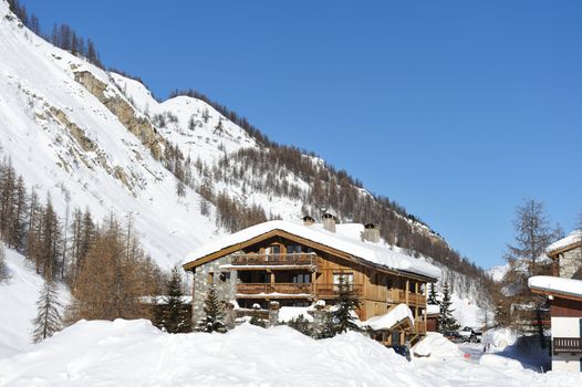 Mountain ski resort with snow in winter, Val-d'Isere, Alps, France