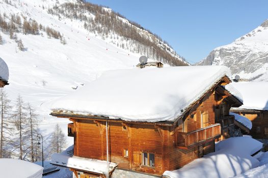 Mountain ski resort with snow in winter, Val-d'Isere, Alps, France