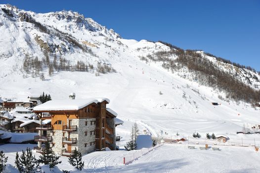 Mountain ski resort with snow in winter, Val-d'Isere, Alps, France
