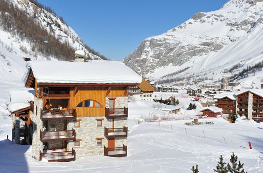 Mountain ski resort with snow in winter, Val-d'Isere, Alps, France