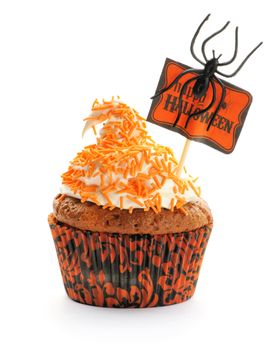 Halloween cupcake with whipped cream and decoration isolated on white