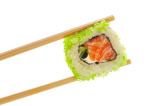 Sushi roll with chopsticks isolated on white background