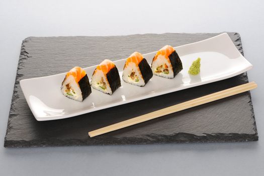 Sushi rolls on a slate plate