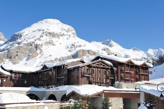 Mountain ski resort with snow in winter, Val-d'Isere, Alps, France