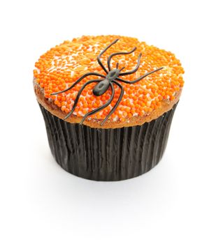 Halloween cupcake with decoration isolated on white