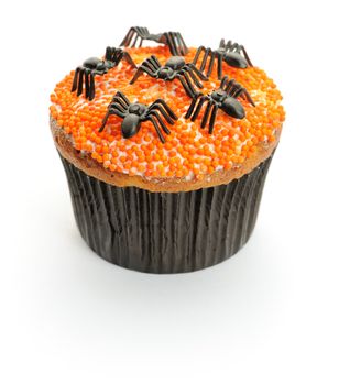 Halloween cupcake with decoration isolated on white