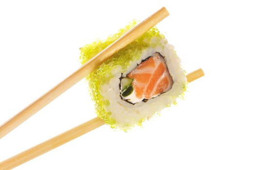 Sushi roll with chopsticks isolated on white background