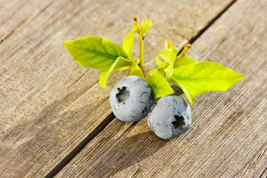 Blueberry with leafs on wooden table