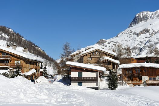 Mountain ski resort with snow in winter, Val-d'Isere, Alps, France