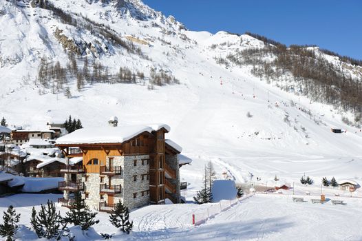 Mountain ski resort with snow in winter, Val-d'Isere, Alps, France