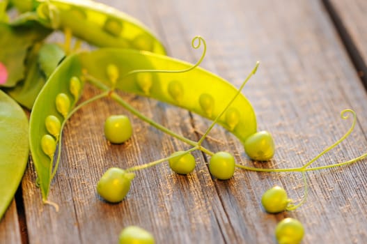 Fresh green peas pods on a wooden table