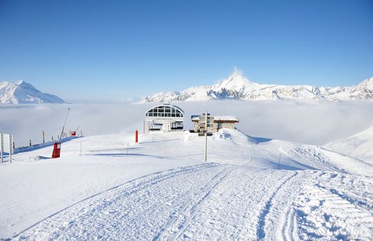 Ski lift station in mountains at winter, Val-d'Isere, Alps, France