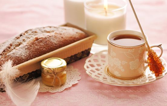 Fruit cake over table cloth