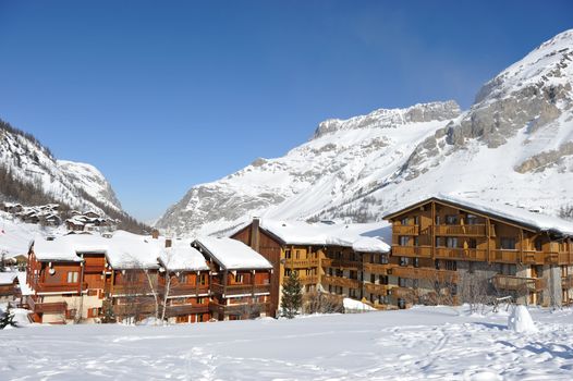 Mountain ski resort with snow in winter, Val-d'Isere, Alps, France