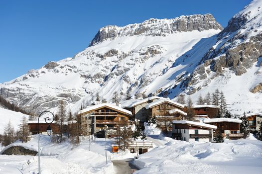 Mountain ski resort with snow in winter, Val-d'Isere, Alps, France