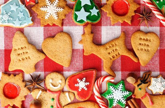 Christmas gingerbread cookies over tablecloth