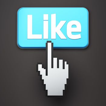 Hand-shaped mouse cursor press Like button on dark background