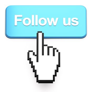 Hand-shaped mouse cursor press Follow Us button on white