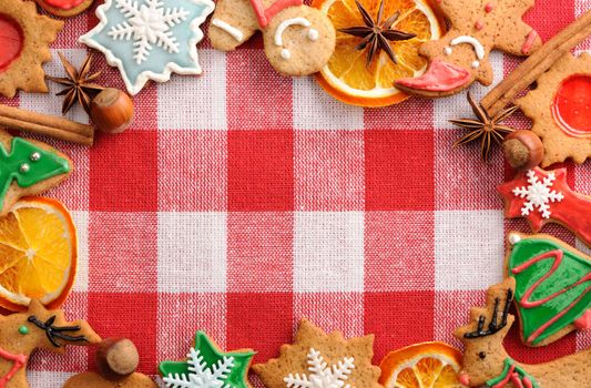 Christmas gingerbread cookies over tablecloth