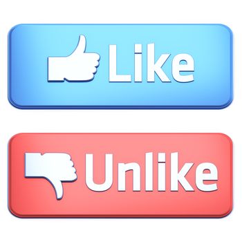 "Like" and "Unlike" buttons 3d  render on white background