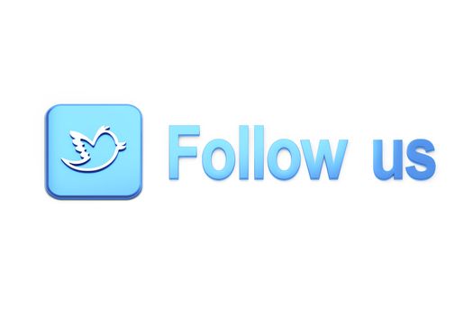 Blue  button with bird and Follow Us text on white, 3d render