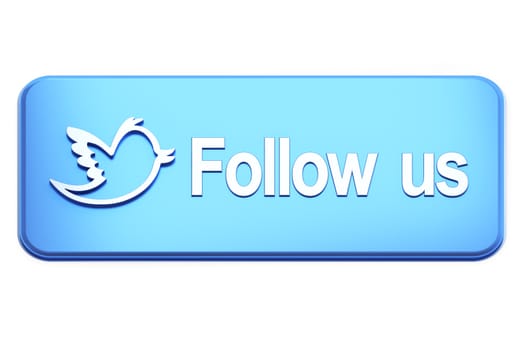 Blue  button with bird and Follow Us text on white, 3d render