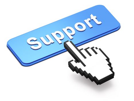 Hand-shaped mouse cursor press Support button on white background