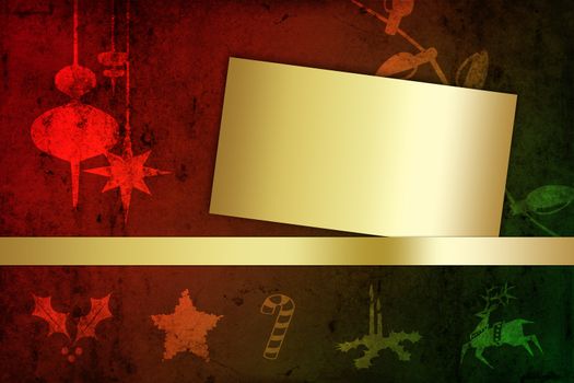 A modern and abstract Christmas Illustration: A blank golden paper with border on a grungy red-green background with Christmas elements.